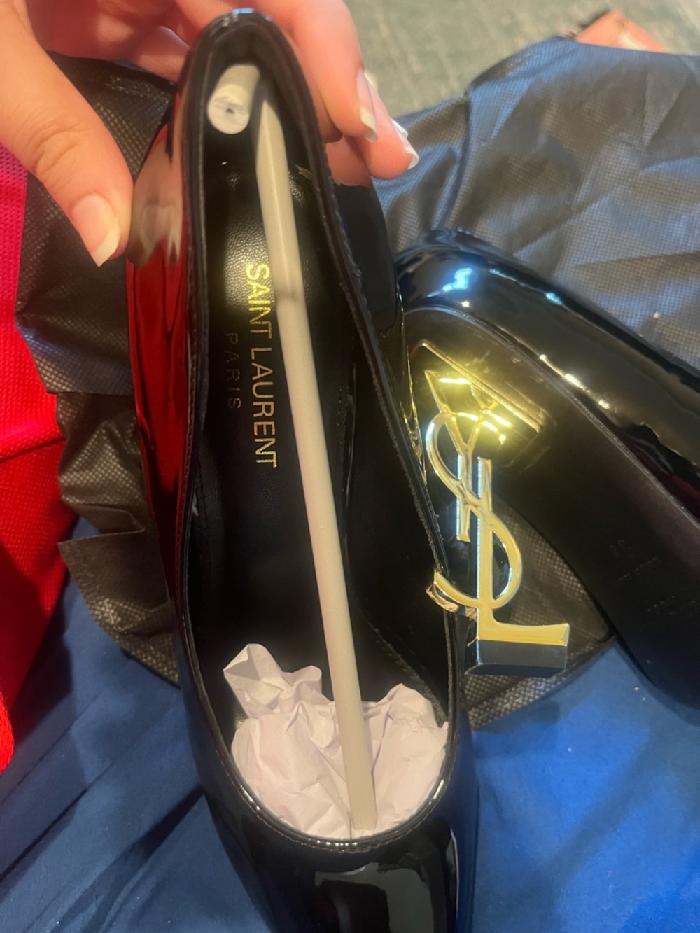 Yves Saint Laurent Black Patent Pumps with Gold YSL Heel Accent - Picture 4 of 5
